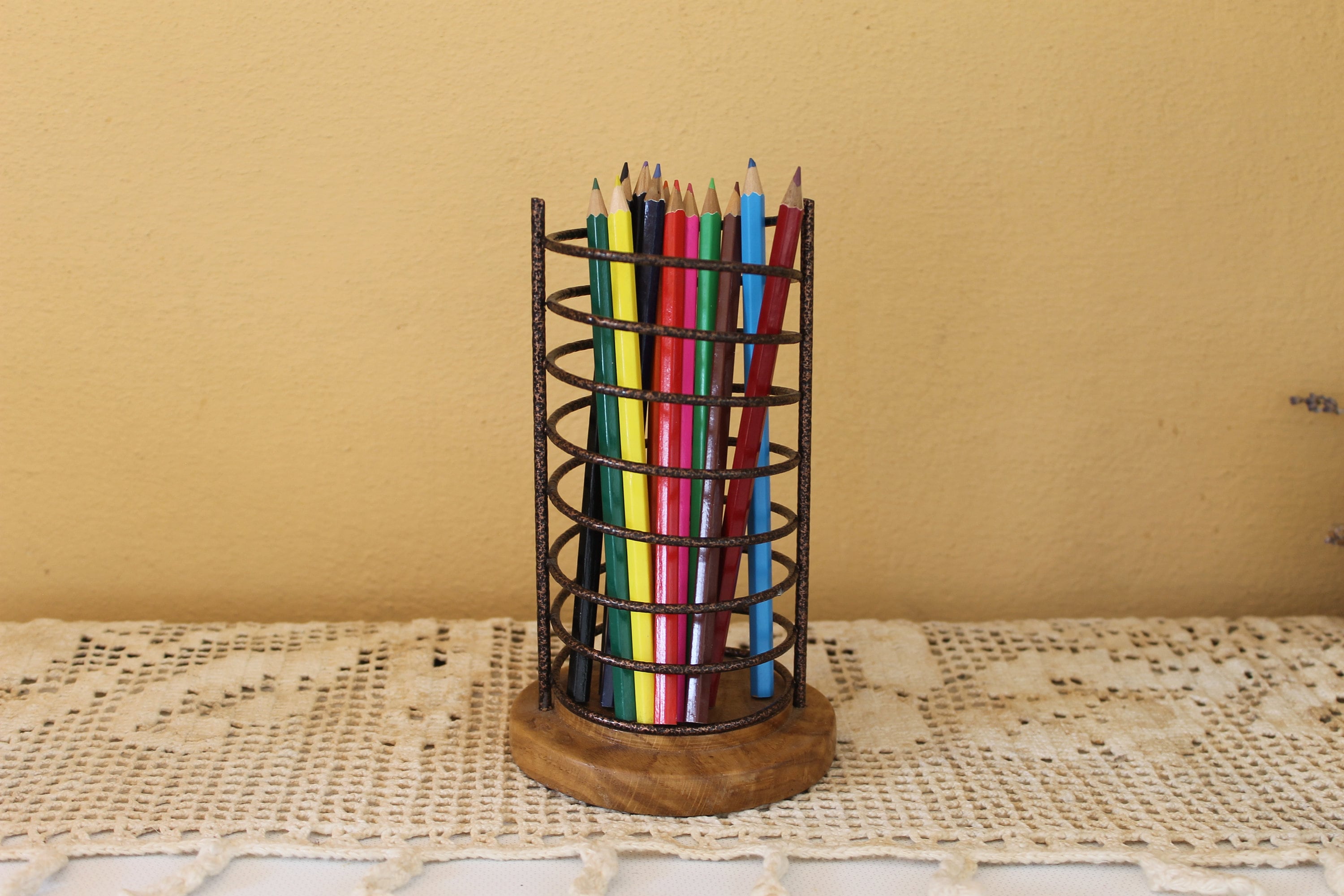 Vintage Pen and Pencil Holder Metal Spiral Wood Pen Holder Etsy
