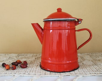 Teiera vintage, teiera smaltata, teiera rossa vintage, bollitore rustico, caffettiera smaltata, arredamento rustico, arredamento rustico per la casa