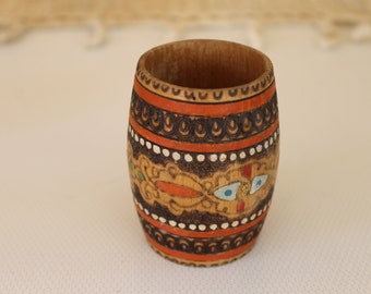 Vintage Folk Art Souvenir, Old Wood Vessel, Small Mini Mug, Handmade, Handdecorated Gift