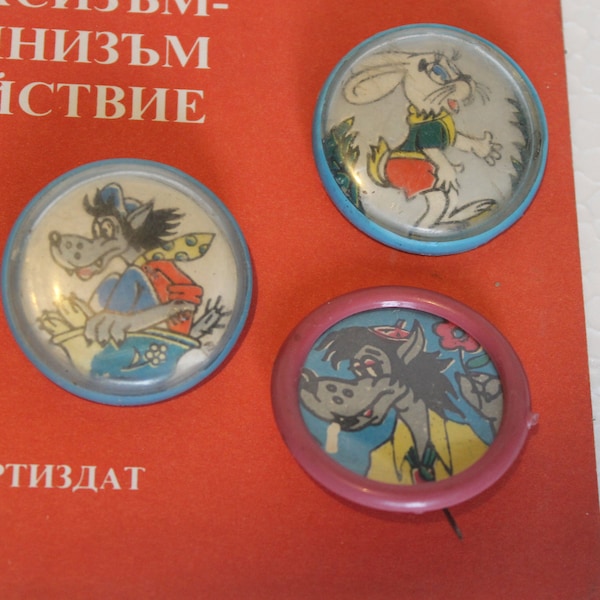 Vintage Badges, Set of 3, 1970s Pins, NU POGODI Wolf and Rabbit, Communist Era Badges, Soviet Badges, Collectibles