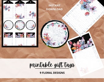 PRINTABLE GIFT TAGS, watercolor floral, Digital download, Print at home, flowers, gift tags, floral, black and floral, vintage script, flora