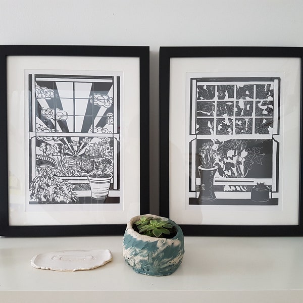 London Windows, A4, Linocut, Black and White Art Prints