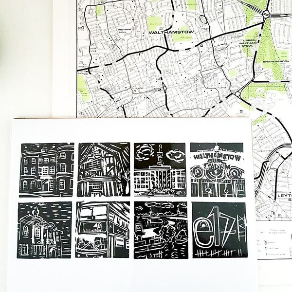 Bestseller! Walthamstow London Home Linocut Art Print, A4 Art print, Architecture and Icons of E17