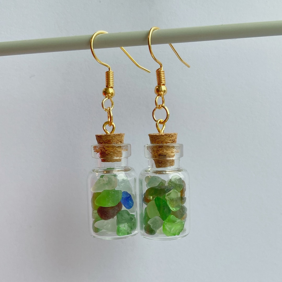 Multicolour Sea Glass Jar Earrings Ecofriendly Jewellery Pale Aqua