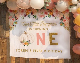 Our Little Pumpkin Is One achtergrond, pompoen achtergrond, pompoen eerste verjaardag achtergrond, pompoen verjaardag banner, 1e verjaardag meisje decoratie