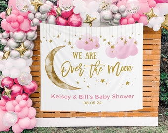 Over de maan babyshower decoraties, maan en sterren babyshower, over de maan banner, roze wolken babyshower achtergrond, meisje babyshower