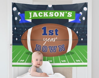 Football Birthday Banner, Football Birthday Decorations, First Year Down, Football Theme 1st Birthday Party, Football Backdrop, Sports