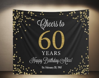 60th Birthday Backdrop, Happy 60th Birthday Backdrop, Cheers to 60th Backdrop, Black and Gold Birthday, 60th Birthday Party Decorations