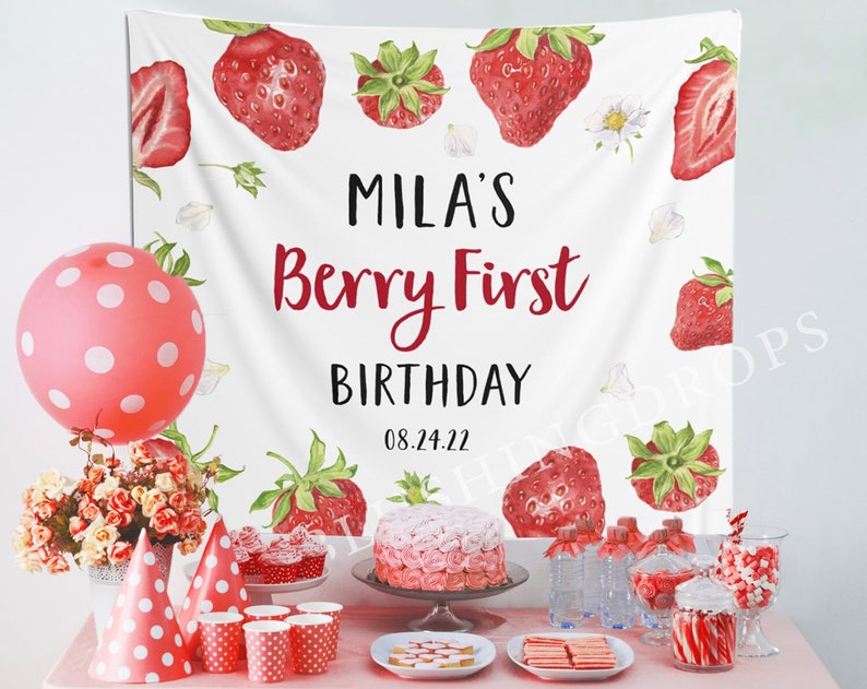 Strawberry Birthday Banner Berry First Birthday Decorations Girl First Birthday Strawberry Backdrop Berry Sweet Birthday