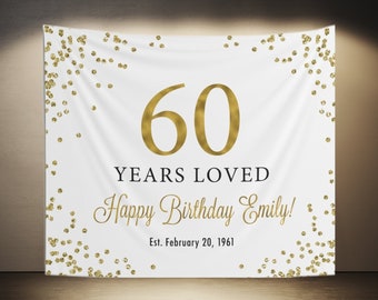 60th Birthday Backdrop, Happy 60th Birthday Backdrop, 60 Years Loved, Gold Birthday Backdrop, 60th Birthday Party Decorations, Sixty