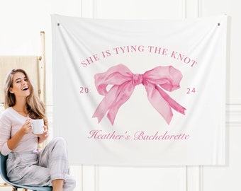 She's Tying The Knot Bachelorette Decorations, Pink Bow Bach Party Backdrop, Blush Pink Bachelorette Party Banner, Pink Bow Party Sign