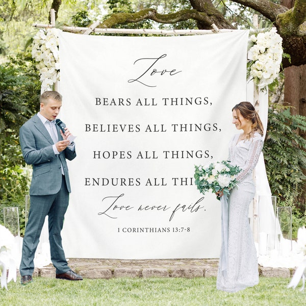 Wedding Tapestry Backdrop, Outdoor Wedding Decorations, Wedding Backdrop for Ceremony, Rustic Wedding Decor, Love Never Fails Sign Backdrop