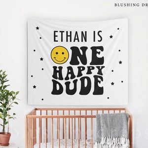 Fondo de One Happy Dude, pancarta de One Happy Dude, decoraciones de cumpleaños de Happy Dude, fiesta con caras sonrientes, pancarta con el primer cumpleaños de un niño