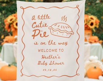 Lilla sötnospaj duschbanderoll bakgrund, pajtema, Cutie Pie på väg babyshowerdekorationer, personlig pumpapajbanderoll gobeläng