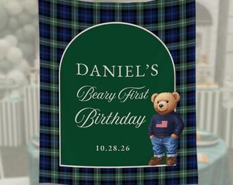 Beary eerste verjaardag achtergrond, luxe teddybeer verjaardag banner, plaid, Lauren 1e verjaardag bord, Beary 1e verjaardag decoraties, Lauren