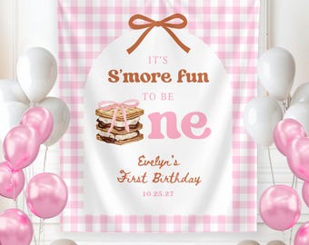 Smore Fun To Be One 1-årsdagsfestbanderoll, Flicka Campingfödelsedag, Lägereld 1-årsdag, Brasa, Smore Födelsedagsbakgrundsdekorationer