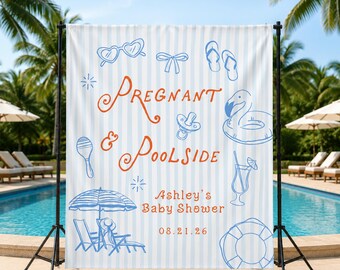 Gravid & Poolside Baby Shower Banderoll, Anpassad Baby Shower Fotobakgrund, Sommar Baby Shower, Poolparty Skylt