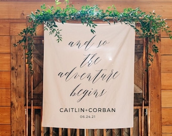 Custom Fabric Banner, Personalized Wedding Banner, The Adventure Begins Sign, Wedding Fabric Sign, Wedding Tapestry, Modern Wedding