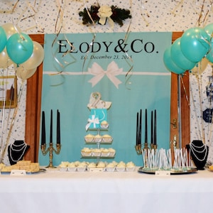 Bridal & Co Bridal Shower Backdrop, Breakfast at Party Decorations, White Bow Baby Backdrop, Custom Wall Banner Backdrop, Robin Egg Blue image 6