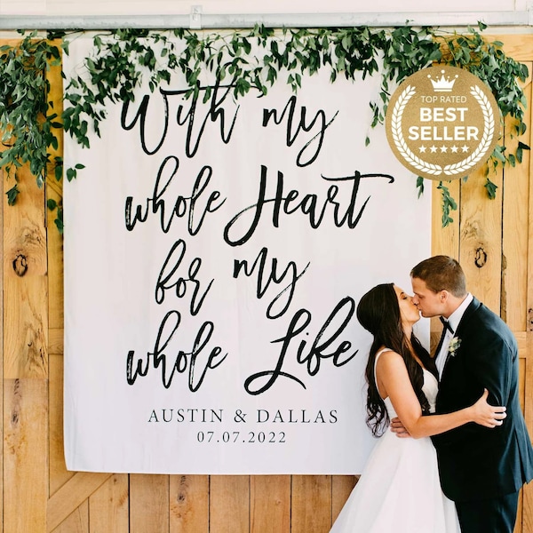 Fondo rústico de boda, con todo mi corazón para toda mi vida Decoración de bodas, fotomatón de boda, telón de fondo de fotos, telón de fondo de recepción
