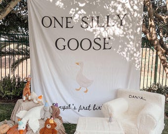One Silly Goose Birthday Banner, Silly Goose Backdrop, Goose Birthday Decor, 1st Birthday Backdrop, Birthday Fabric Banner Backdrop