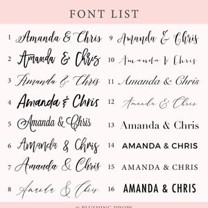 May include: A list of 16 different fonts showing the names "Amanda & Chris" in various styles, including cursive, script, and all caps. The text "FONT LIST" is at the top of the image. The text "BLUSHING DROPS" is at the bottom of the image.