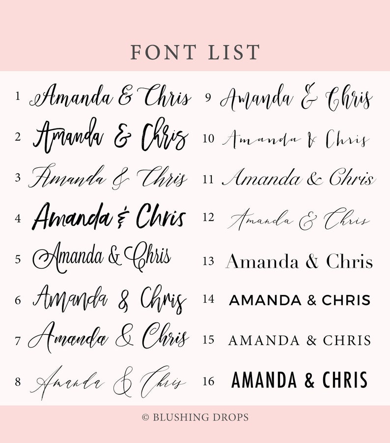 May include: A list of 16 different fonts showing the names "Amanda & Chris" in various styles, including cursive, script, and all caps. The text "FONT LIST" is at the top of the image. The text "BLUSHING DROPS" is at the bottom of the image.