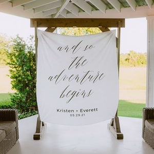 Custom Fabric Banner, Personalized Wedding Banner, The Adventure Begins Sign, Wedding Fabric Sign, Wedding Tapestry, Modern Wedding image 2
