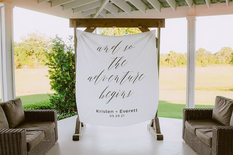 Custom Fabric Banner, Personalized Wedding Banner, The Adventure Begins Sign, Wedding Fabric Sign, Wedding Tapestry, Modern Wedding image 2