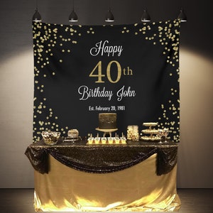 Puede incluir: Tel&oacute;n de fondo de fiesta de cumplea&ntilde;os negro y dorado con confeti dorado y el texto "Happy 40th Birthday John Est. February 20, 1981".