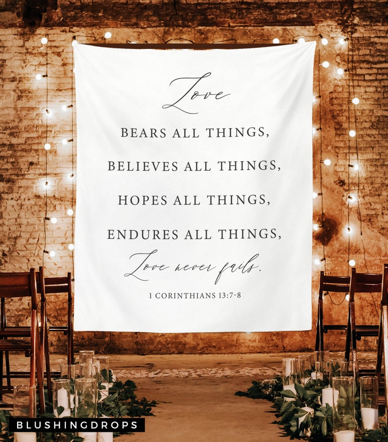 Wedding Tapestry Backdrop, Outdoor Wedding Decorations, Wedding Backdrop for Ceremony, Rustic Wedding Decor, Love Never Fails Sign Backdrop image 3