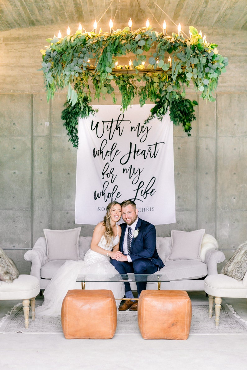 Rustic Wedding Backdrop Decoration, With My Whole Heart For My Whole Life Wedding Banner, Calligraphy Ceremony Photo Booth, Fabric backdrop image 1