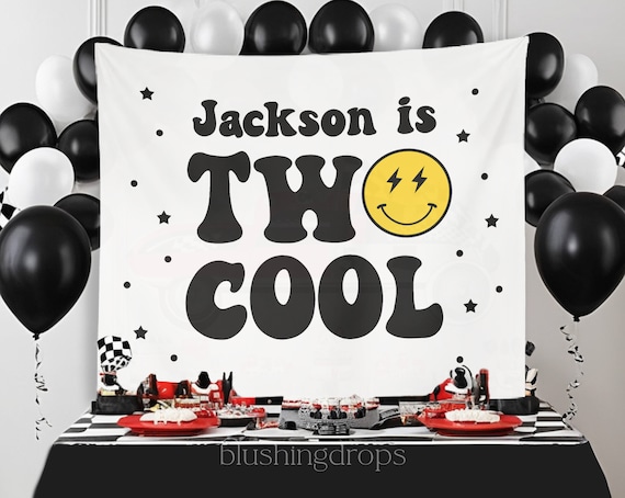 Two Cool Birthday Party Backdrop, Two Cool Banner, Boy 2nd Birthday Decor, Retro Second Birthday,  2nd Birthday Banner Sign, Lightening Volt