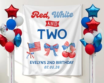 Red White and Two Banner, Girl 2nd Birthday Backdrop, 4th of July Birthday Party Decorations, Fourth of July, Patriotic, Little Firecracker