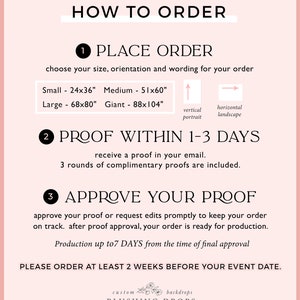 May include: How to order a custom backdrop from Blushing Drops. Choose a size, orientation, and wording. Receive a proof within 1-3 days with 3 rounds of complimentary proofs. Approve your proof and your order will be ready for production within 7 days. Please order at least 2 weeks before your event.