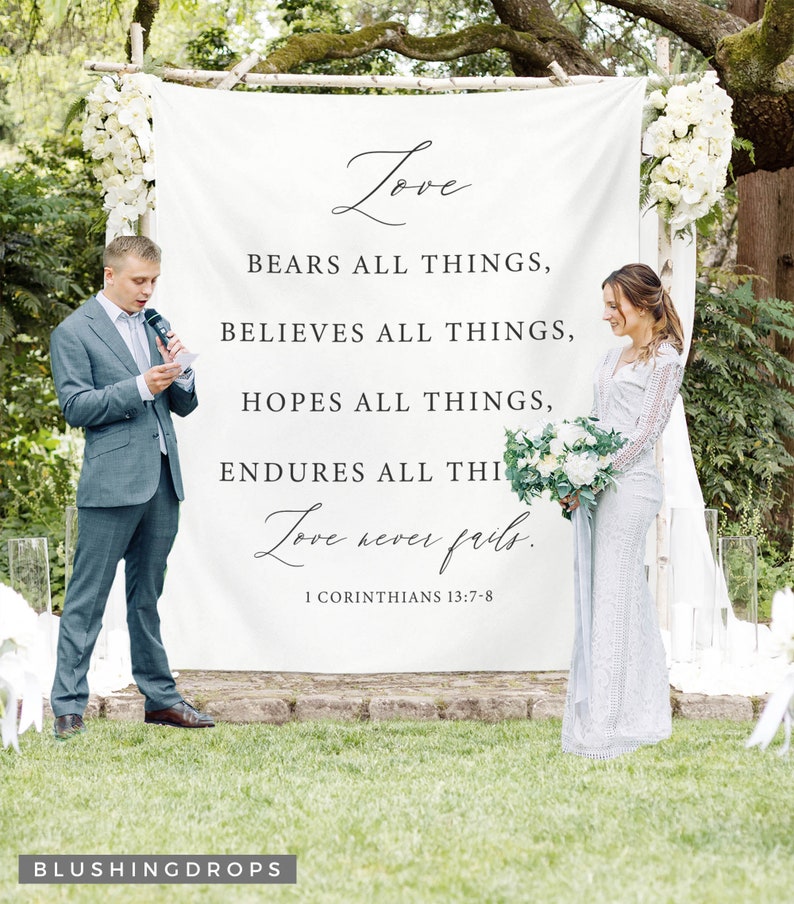 Wedding Tapestry Backdrop, Outdoor Wedding Decorations, Wedding Backdrop for Ceremony, Rustic Wedding Decor, Love Never Fails Sign Backdrop image 1