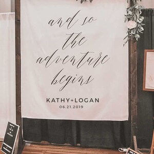 Custom Fabric Banner, Personalized Wedding Banner, The Adventure Begins Sign, Wedding Fabric Sign, Wedding Tapestry, Modern Wedding image 3