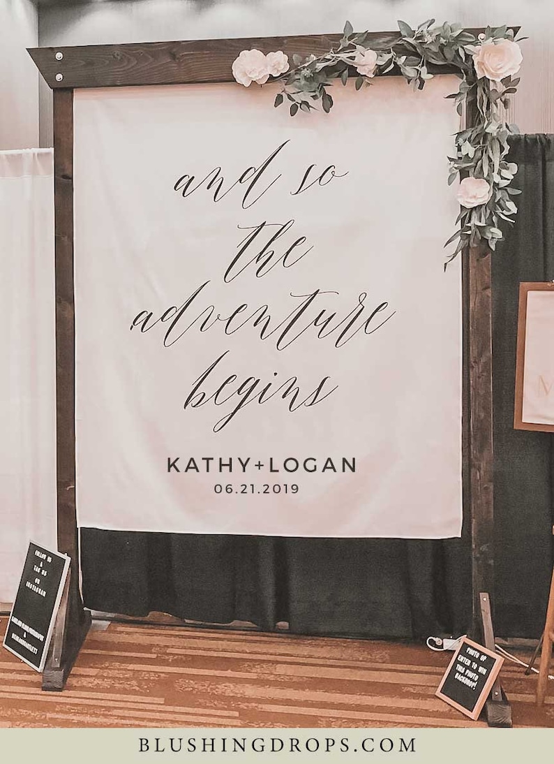 Custom Fabric Banner, Personalized Wedding Banner, The Adventure Begins Sign, Wedding Fabric Sign, Wedding Tapestry, Modern Wedding image 3
