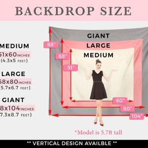 Puede incluir: Un diagrama que muestra tres tama&ntilde;os diferentes de fondos para fotograf&iacute;a. Los tama&ntilde;os de fondo est&aacute;n etiquetados como "Mediano", "Grande" y "Gigante". Las medidas est&aacute;n en pulgadas y pies. El texto "Dise&ntilde;o vertical disponible" est&aacute; en la parte inferior de la imagen.