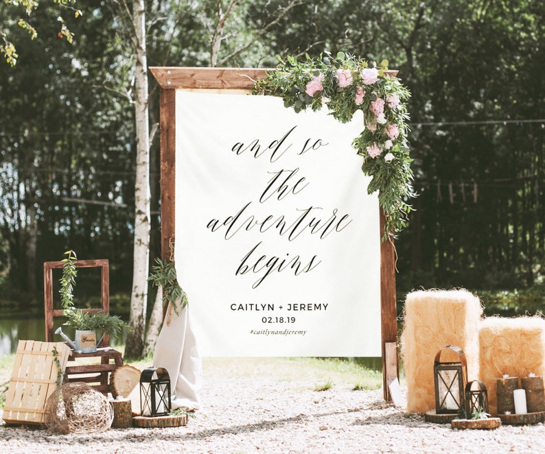 Custom Fabric Banner, Personalized Wedding Banner, The Adventure Begins Sign, Wedding Fabric Sign, Wedding Tapestry, Modern Wedding image 5