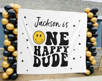 One Happy Dude Birthday Party Backdrop, One Happy Dude Banner, Happy Dude Birthday Decor, Retro First Birthday. Boy 1st Birthday Banner Sign