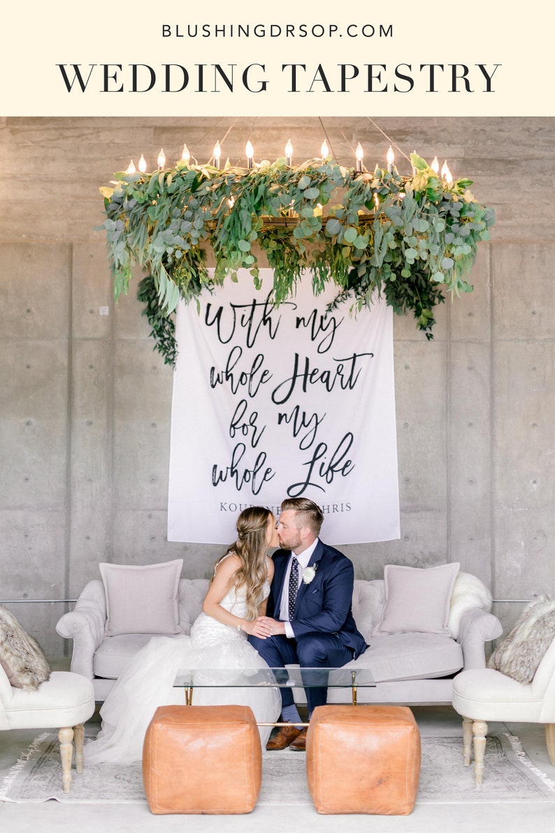 Rustic Wedding Backdrop Decoration, With My Whole Heart For My Whole Life Wedding Banner, Calligraphy Ceremony Photo Booth, Fabric backdrop image 2