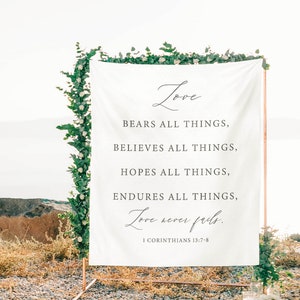Wedding Tapestry Backdrop, Outdoor Wedding Decorations, Wedding Backdrop for Ceremony, Rustic Wedding Decor, Love Never Fails Sign Backdrop image 2