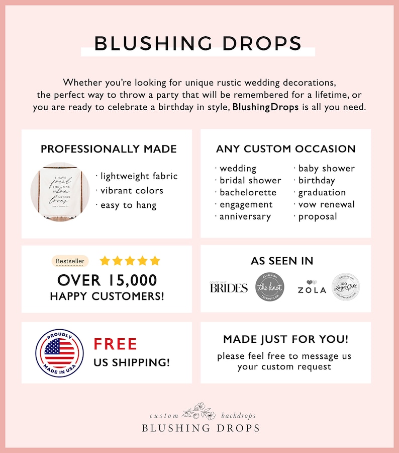 May include: Blushing Drops, a company that makes custom wedding and party decorations, offers a variety of products, including lightweight fabric banners, signs, and backdrops. The company offers free US shipping and has over 15,000 happy customers. The company's website is shown in the image, along with logos for other companies that have featured Blushing Drops products.