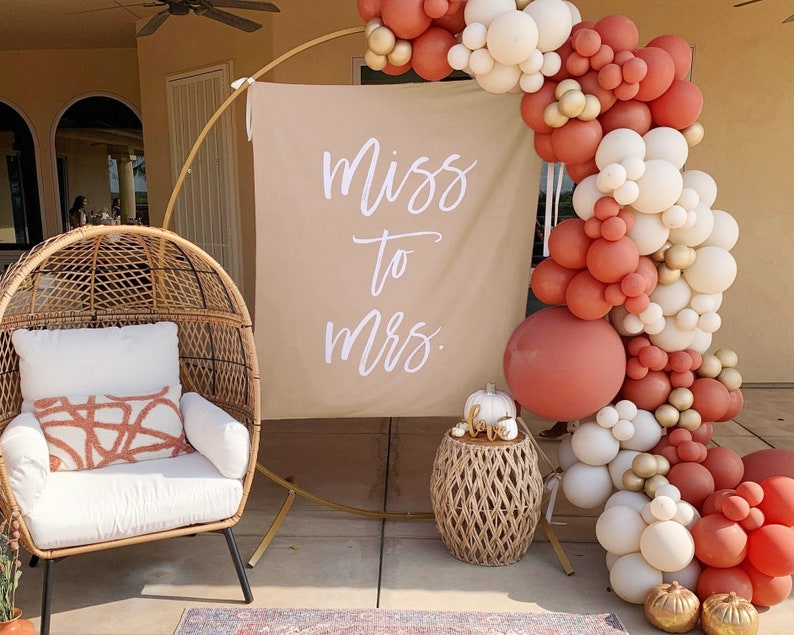 Boho Bridal Shower Backdrop for Photos, Miss To Mrs Sign, Miss To Mrs Banner, Bridal Shower Decorations, Rust Bridal Shower Tapestry image 2