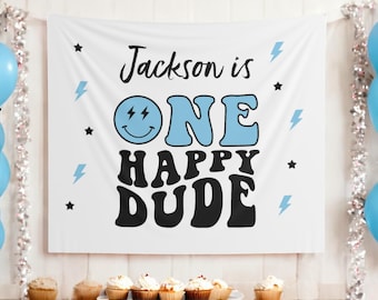 Blue Retro One Happy Dude Birthday Party Backdrop, One Happy Dude Banner, Happy Dude Birthday Decor, Boy 1st Birthday Banner Personalized