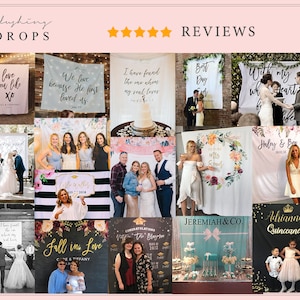Op de afbeelding: Een collage van foto's die verschillende achtergronden voor fotohokjes laten zien. De achtergronden hebben verschillende thema's, waaronder bruiloften, afstuderen, quincea&ntilde;eras en andere speciale gelegenheden. De achtergronden zijn gemaakt van stof en hebben een verscheidenheid aan kleuren, patronen en ontwerpen.