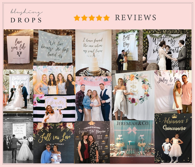 Op de afbeelding: Een collage van foto's die verschillende achtergronden voor fotohokjes laten zien. De achtergronden hebben verschillende thema's, waaronder bruiloften, afstuderen, quincea&ntilde;eras en andere speciale gelegenheden. De achtergronden zijn gemaakt van stof en hebben een verscheidenheid aan kleuren, patronen en ontwerpen.