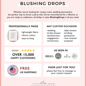 Pu&ograve; includere: Blushing Drops, un'azienda che crea fondali personalizzati per matrimoni, addio al nubilato, baby shower, compleanni, lauree, rinnovi dei voti e proposte di matrimonio. L'azienda offre una variet&agrave; di colori e design, e i suoi fondali sono realizzati in tessuto leggero e sono facili da appendere. Hanno oltre 15.000 clienti soddisfatti e offrono la spedizione gratuita negli Stati Uniti.