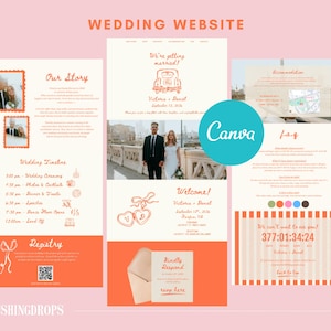 Può includere: Un design per un sito web di matrimonio con sfondo rosa. Il design include sezioni per la storia della coppia, la cronologia del matrimonio, il registro e le FAQ. Il sito web presenta foto, illustrazioni e il testo "Wedding Website", "Canva" e "Blushingdrops".